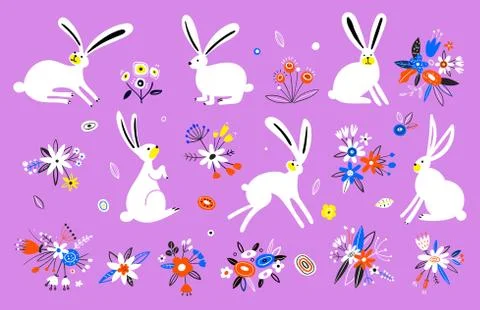 Vector set of cute rabbits in cartoon style. Illustration of hares. Hand drawn Stock Illustration