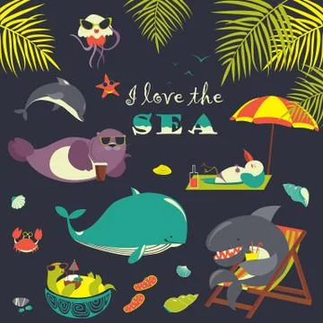 Vector set of cute sea animals on resort Stock Illustration