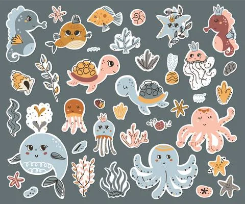 Vector set of cute sea animals stickers Stock Illustration