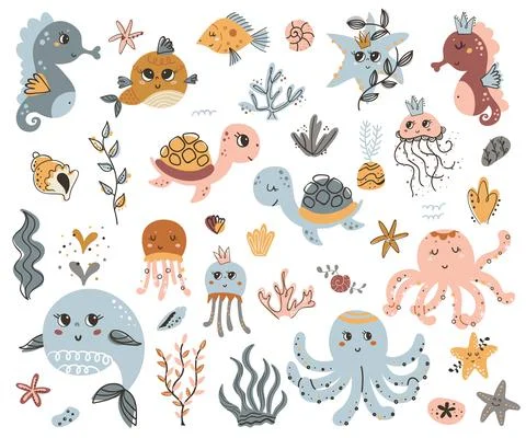 Vector set of cute sea animals Stock Illustration