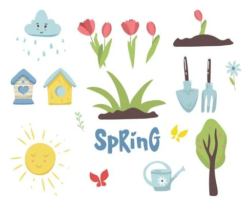 Vector set of cute spring cartoon plants and decorations. Garden party Stock Illustration
