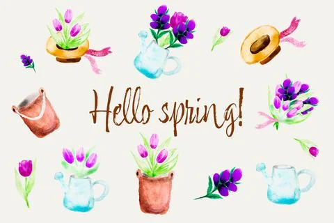 Vector set of cute spring cartoon characters, plants and decorations. Garden Illustrazione stock