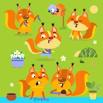Vector set of cute squirrels. Squirrel runs, sits, plants, communicates Stock Illustration