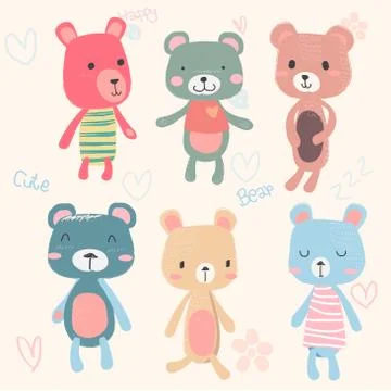 Vector set of cute teddy bears cartoon character hand drawing in pastel colour Stock Illustration