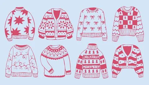Vector set of cute winter sweaters and cardigans with festive pink patterns 스톡 일러스트