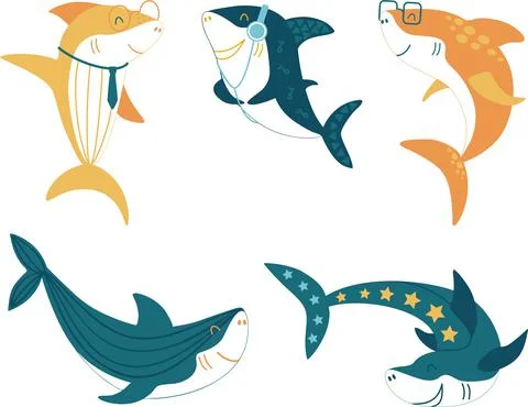 Vector set of cute yellow and blue baby sharks with glasses, airphones, tie Stock Illustration
