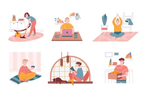 Vector set of daily life routine situations. Woman and man life at home Stockillustratie
