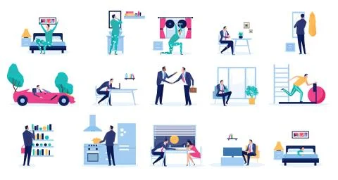Vector set of a daily routine of a busy business man Stock Illustration
