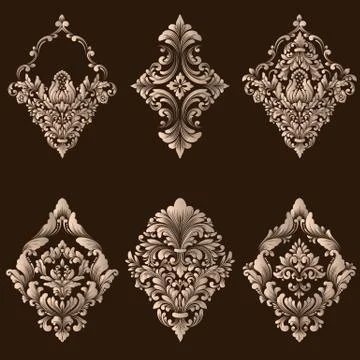 Vector set of damask ornamental elements. Elegant floral abstract elements fo Stock Illustration