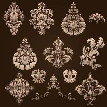 Vector set of damask ornamental elements. Elegant floral abstract elements fo Illustrazione stock