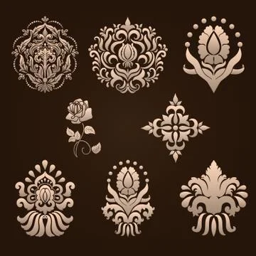 Vector set of damask ornamental elements. Elegant floral abstract elements fo Illustrazione stock