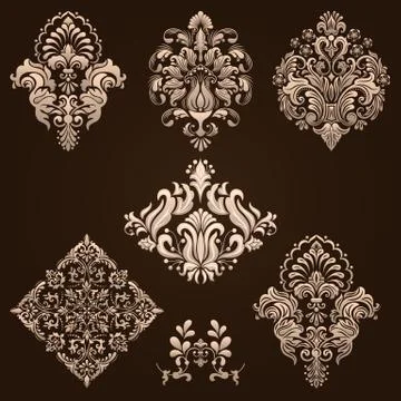Vector set of damask ornamental elements. Elegant floral abstract elements fo Illustrazione stock