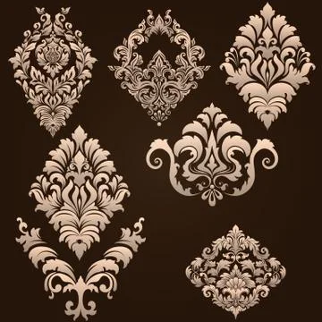 Vector set of damask ornamental elements. Elegant floral abstract elements fo Stock Illustration