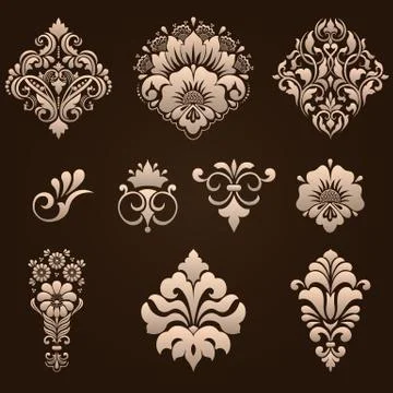 Vector set of damask ornamental elements. Elegant floral abstract elements fo Stock Illustration