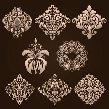 Vector set of damask ornamental elements. Elegant floral abstract elements fo Stock Illustration