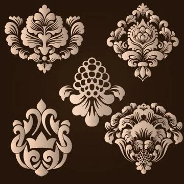 Vector set of damask ornamental elements. Elegant floral abstract elements fo Stock Illustration