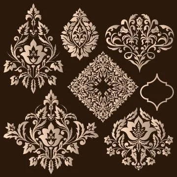 Vector set of damask ornamental elements. Elegant floral abstract elements fo 스톡 일러스트