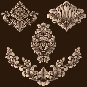 Vector set of damask ornamental elements. Elegant floral abstract elements fo Stock Illustration