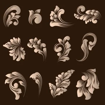 Vector set of damask ornamental elements. Elegant floral abstract elements fo Stock Illustration