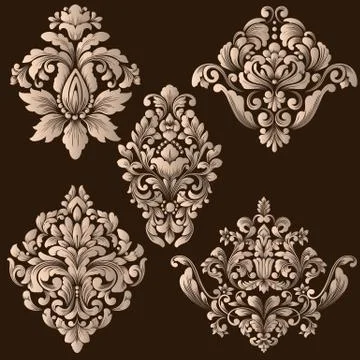 Vector set of damask ornamental elements. Elegant floral abstract elements fo Stock Illustration