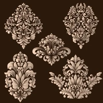 Vector set of damask ornamental elements. Elegant floral abstract elements fo Stock Illustration