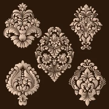 Vector set of damask ornamental elements. Elegant floral abstract elements fo Stock Illustration
