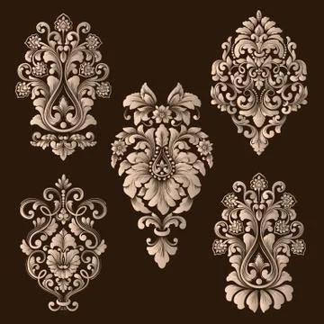Vector set of damask ornamental elements. Elegant floral abstract elements fo Stock Illustration