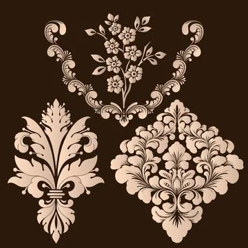 Vector set of damask ornamental elements. Elegant floral abstract elements for Illustrazione stock