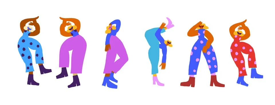 Vector set with dancing disco people wearing colorful clothes, 80s vintage style 스톡 일러스트