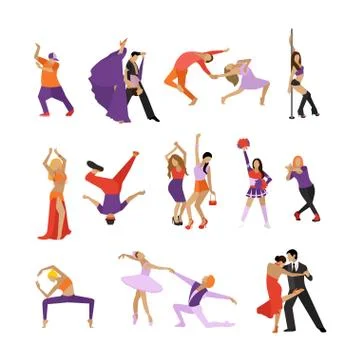 Vector set of dancing people. Dance design elements and icons isolated on white Stock Illustration