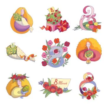 Vector set of decorations for 8 March postcards. Young girls, flowers and Stock Illustration