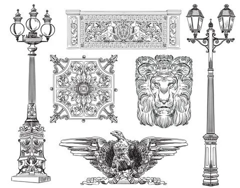 Vector set of decorative architectural elements lanterns and grids Illustrazione stock