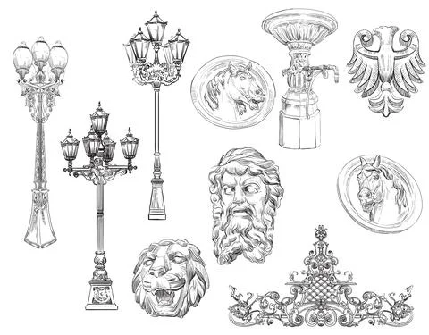 Vector set of decorative architectural elements bas-relief and lanterns Illustrazione stock