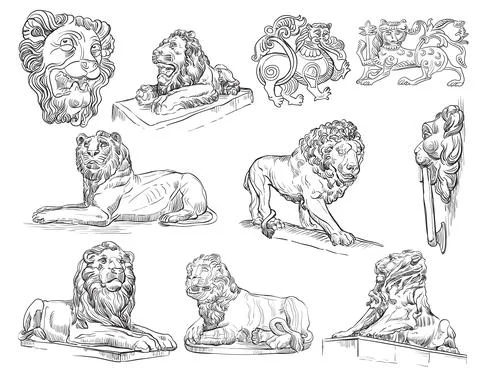 Vector set of decorative architectural elements stone lions Illustrazione stock