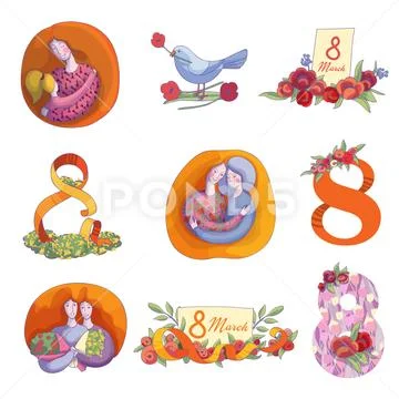 Vector Set Of Decorative Elements For Holiday Postcards For 8 March