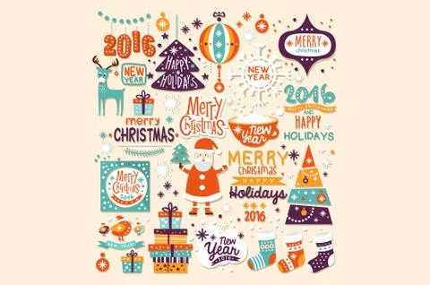 Vector set of decorative elements for postcards or posters. Santa Claus, deer Stock Illustration