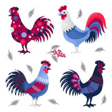 Vector set of decorative roosters. Stock Illustration