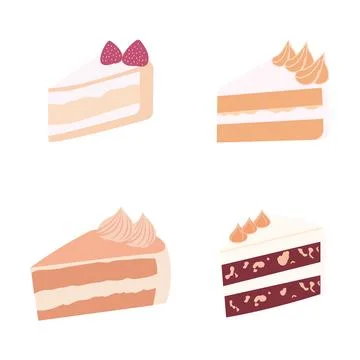 Vector Set of Delicious Birthday Cake Food Slice with Cream Topping 스톡 일러스트