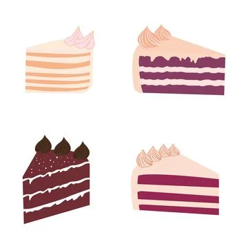 Vector Set of Delicious Birthday Cake Food Slice with Cream Topping Stock Illustration