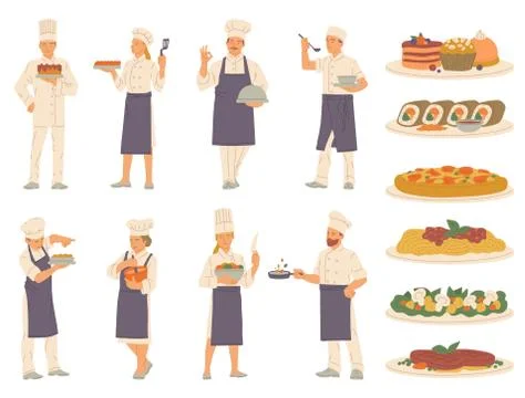 Vector set of delicious dishes and tiny professional chefs preparing food Stock Illustration