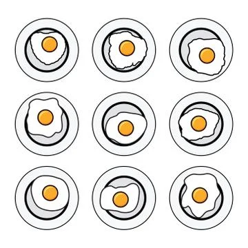 Vector set of delicious fried eggs on plates Stock Illustration