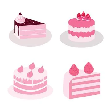 Vector Set of Delicious Strawberry Birthday Cake Food Slice with Cream Toppin Stock Illustration