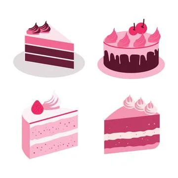 Vector Set of Delicious Strawberry Birthday Cake Food Slice with Cream Toppin Stockillustratie