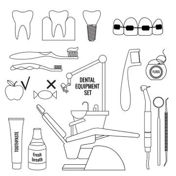 Vector set of dentist icons and teeth care. Dental instruments Stock Illustration