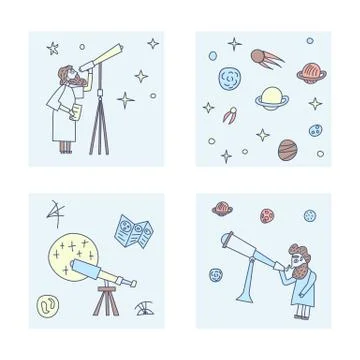 Vector set of design of astronomer and astronomic objects. Illustrazione stock