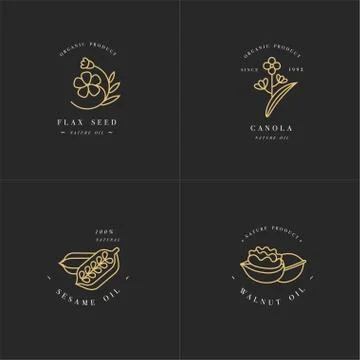 Vector set design templates and emblems - healthy and cosmetics oils - flax seed Stock Illustration