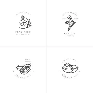 Vector set design templates and emblems - healthy and cosmetics oils - flax seed Stock Illustration