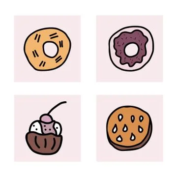 Vector set of desserts. Sweets cakes, donuts, candy and others snacks in dood Stock Illustration