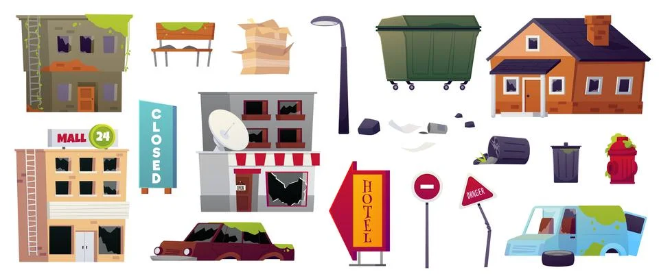 Vector set of destruction, natural disaster, post-apocalyptic consequences Stock Illustration
