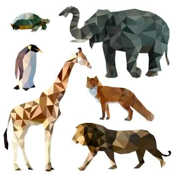Vector set of different animals, polygonal icons, low poly illustration, fox Stock Illustration